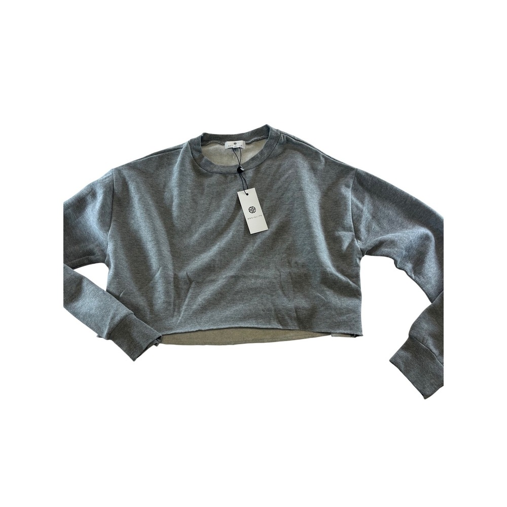 Socialite Womens‎ Gray Cropped Crew Neck Sweatshirt Raw Hem Fleece Lined Medium